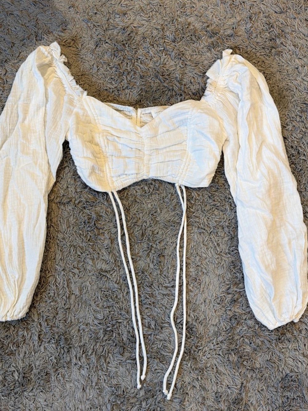 White Ruched Long-Sleeve Tie-Front Crop Top